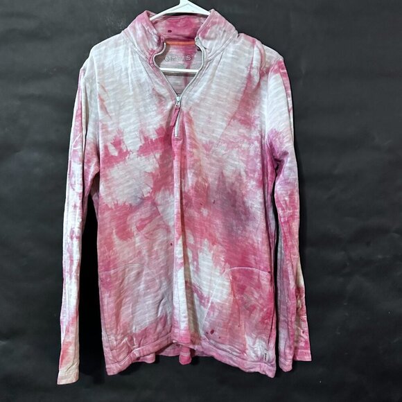 Orvis Red Cotton Tie Dyed Stripe Dye Size Large Long Sleeve Pullover Henley zip - Picture 1 of 6